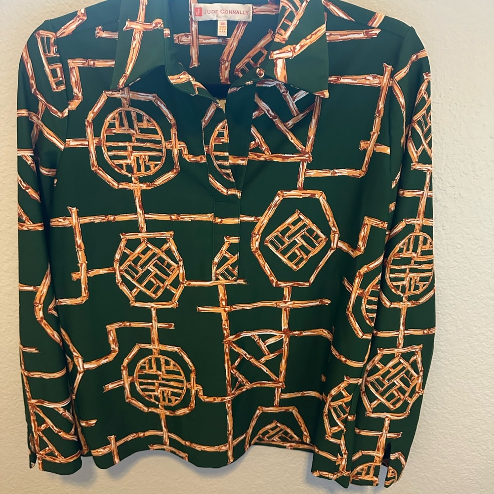 Jude Connally Green Blouse with Brown Geometric Pattern